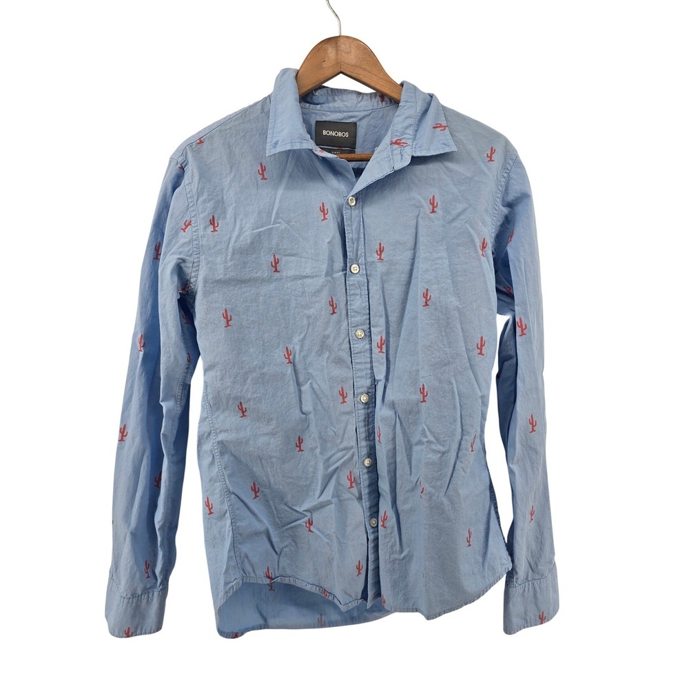 Bonobos Button Down Shirt Men Medium Blue Cactus Print Slim Fit Long Sleeve